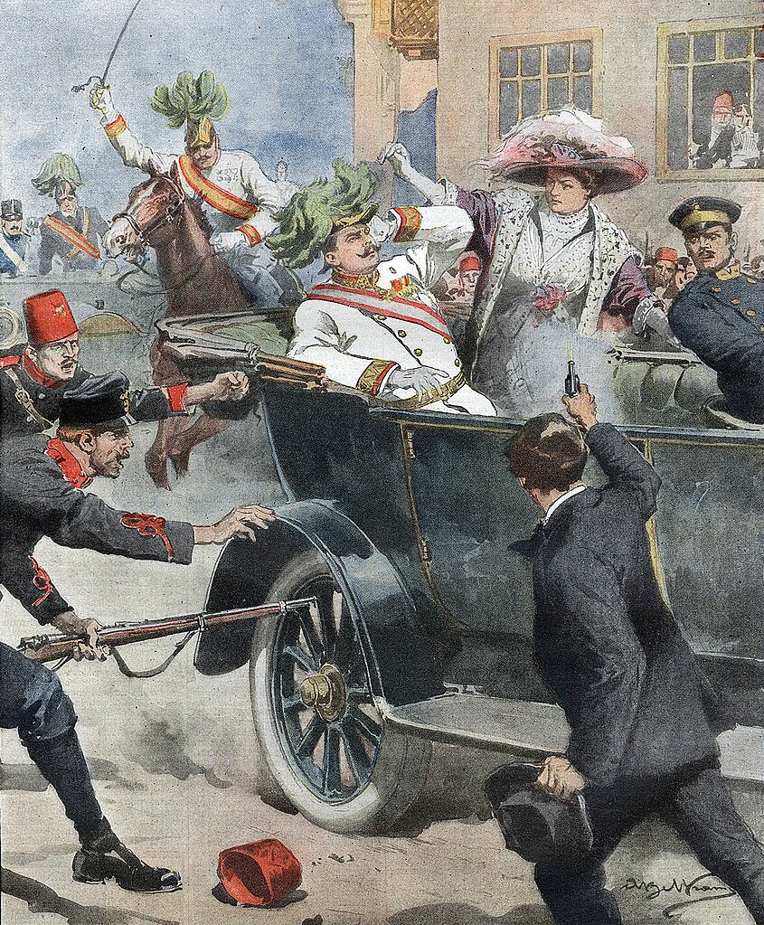 Gavrilo Princip fatally shooting the royal couple as illustrated by Achille Beltrame