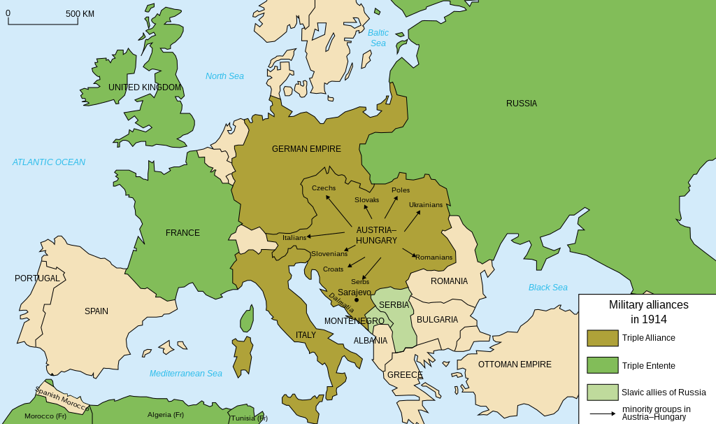 Map Illustrating Political Alliances Before the First World War