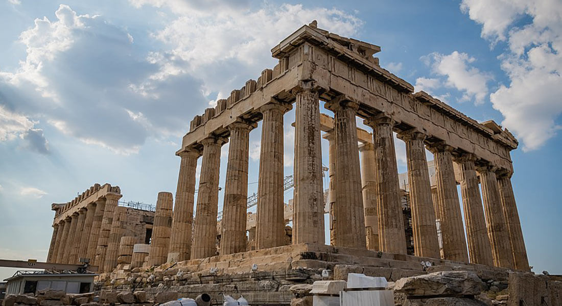 The Parthenon, a temple dedicated to Athena, located on the Acropolis in Athens.