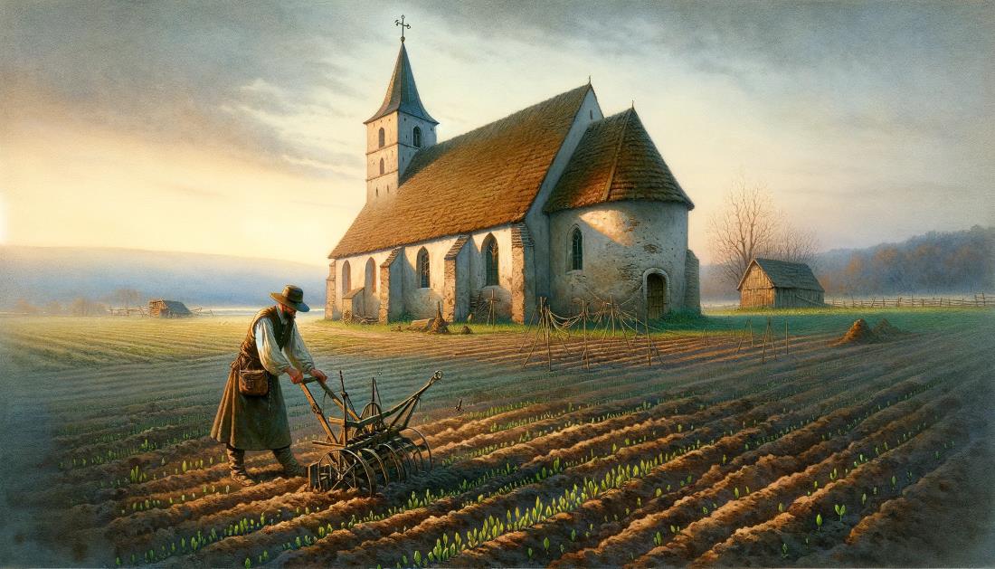 Artistic representation of a peasant working in the field, near a village church.