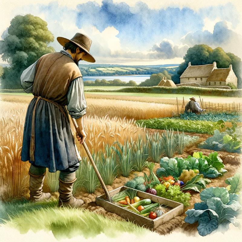 Artists' depiction of a peasant working in the field does not necessarily have to be historically accurate.