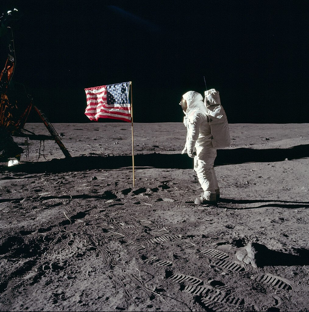 Buzz Aldrin salutes the United States flag on the lunar surface