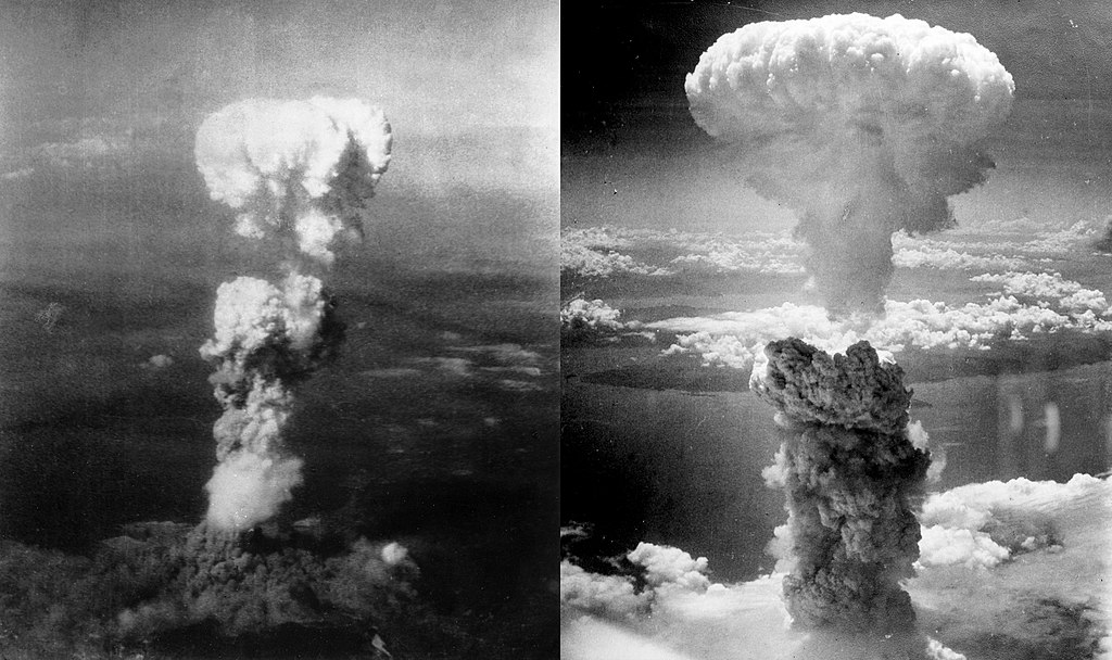 Little Boy explodes over Hiroshima, Japan, 6 August 1945 (left); Fat Man explodes over Nagasaki, Japan, 9 August 1945 (right).