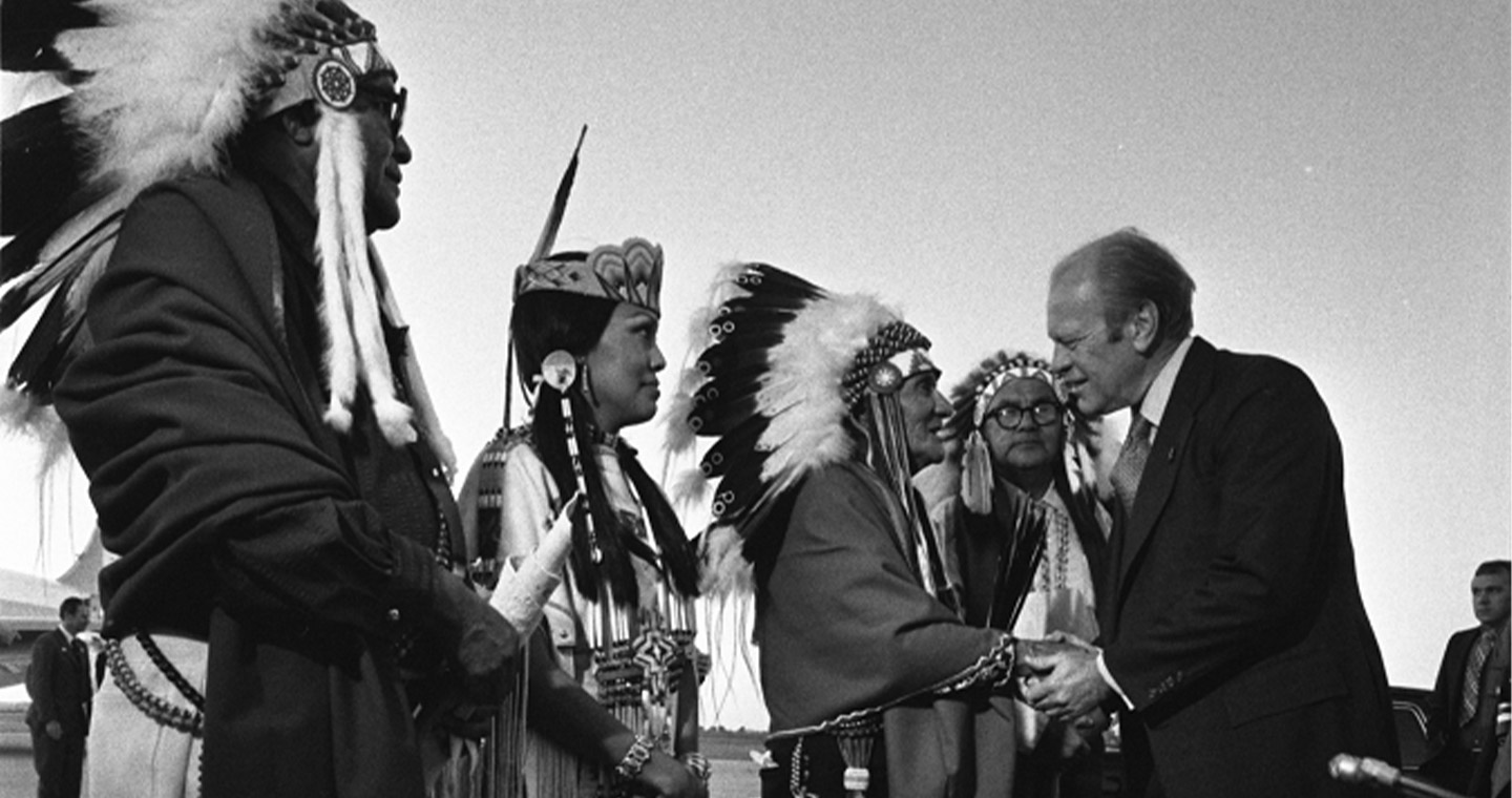 President Gerald R. Ford Greets Kiowa Tribal Chairman Big Bow and other Native Americans at a Campaign Rally in Lawton, Oklahoma, 10/8/1976