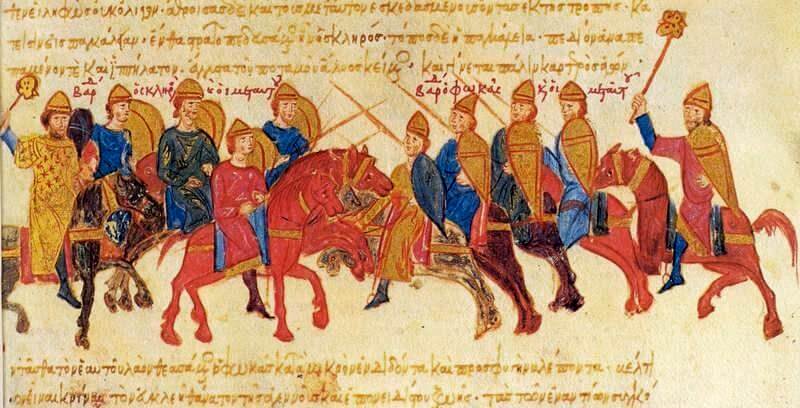 Clash of the armies of the rebel Byzantine general Bardas Skleros and Bardas Phokas in 978-979, from the Madrid Skylitzes manuscript.