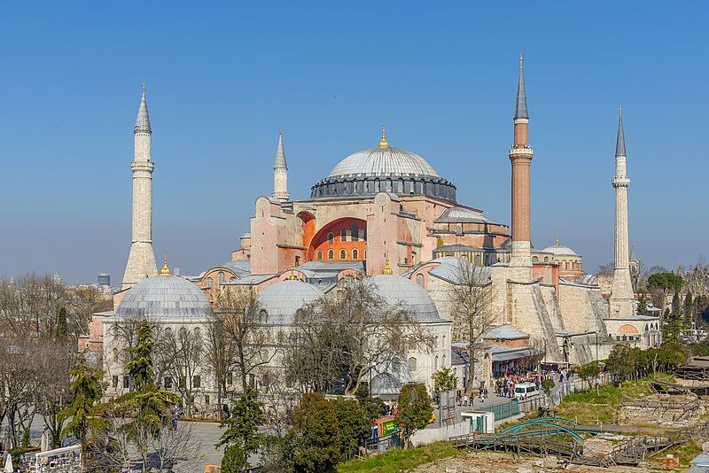Hagia Sophia built in 537, during the reign of Justinian. The minarets were added in the 15th–16th centuries by the Ottoman Empire.