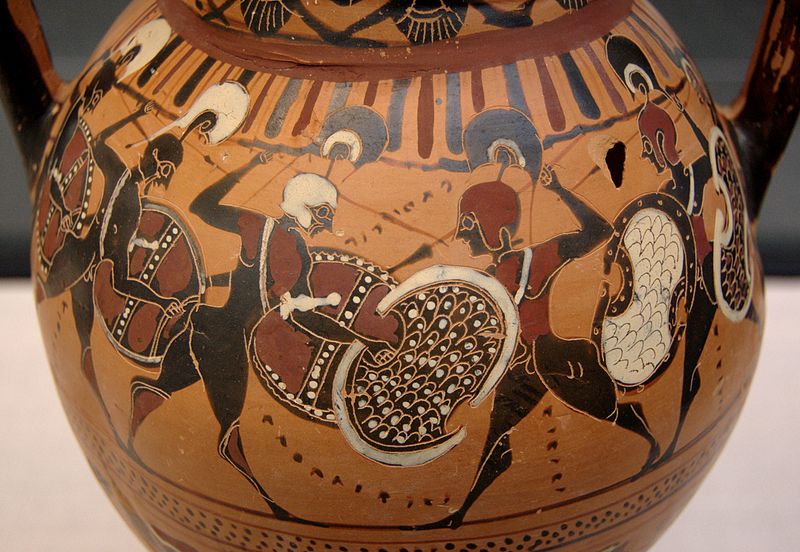 Hoplite battle. Melanomorpha Tyrrhenian amphora, Attic style. Circa 560 B.C.E.
