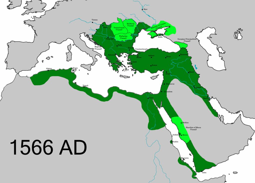 Map of the Ottoman Empire at the time of Suleiman the Magnificent's death.