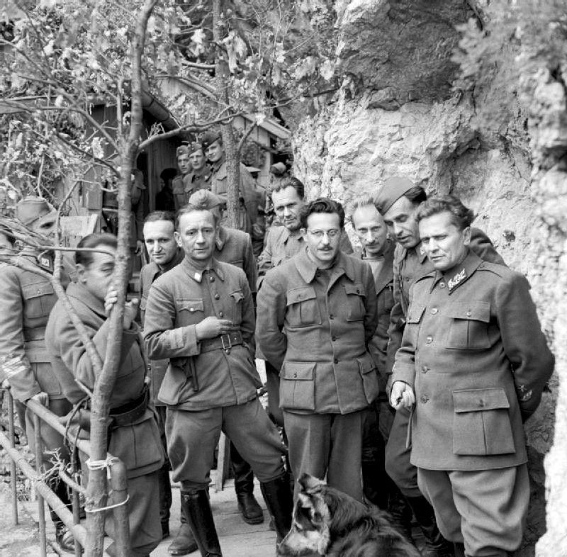 Marshal Josip Broz Tito (far right) with his cabinet and principal staff officers in Drvar, days before the offensive.