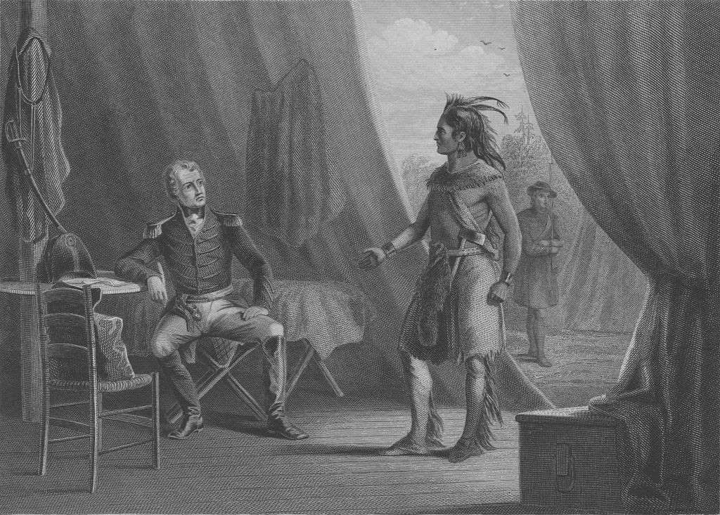 Depiction of Red Eagle's surrender to Andrew Jackson after the Battle of Horseshoe Bend. Jackson was so impressed with Weatherford's boldness that he let him go.