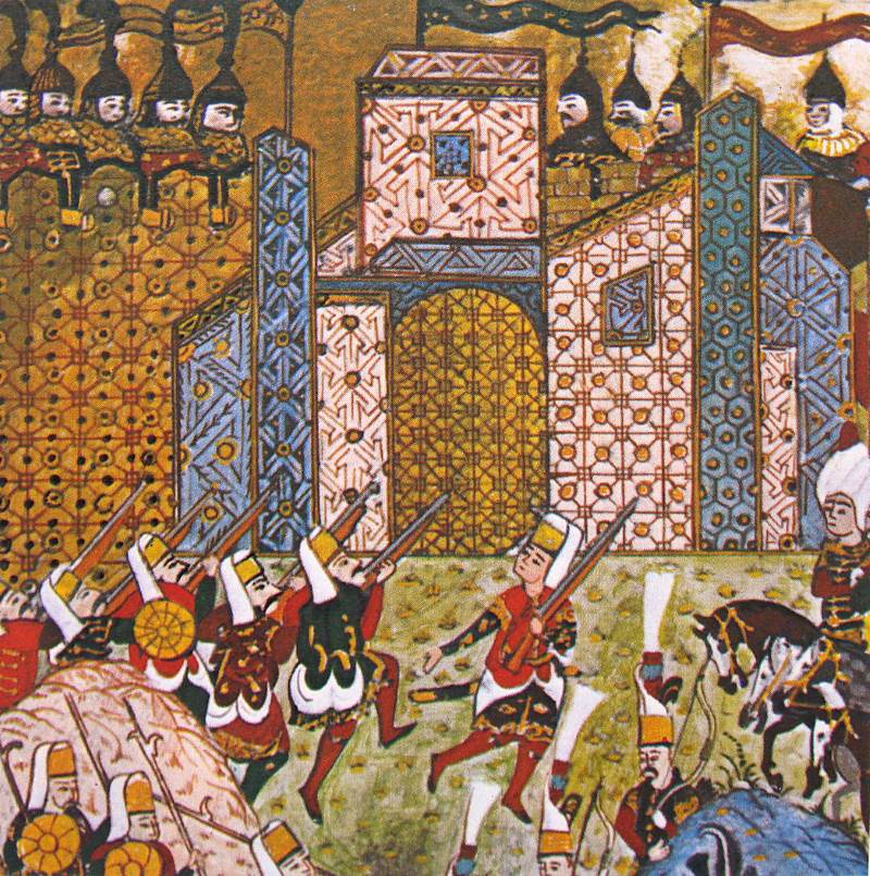 Janissaries battling the Knights Hospitaller, who are depicted wearing Eastern Armour. during the Siege of Rhodes in 1522.