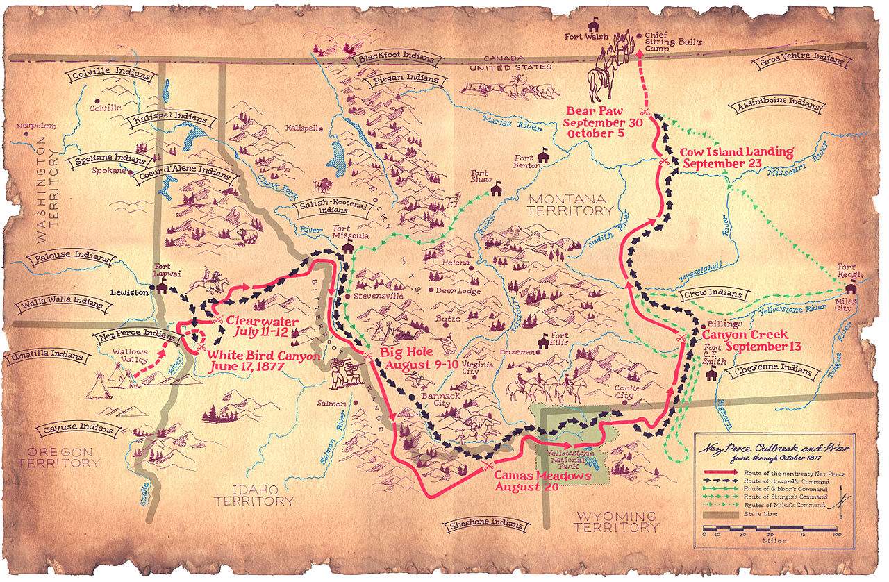 Map showing the flight of the Nez Perce and key battle sites