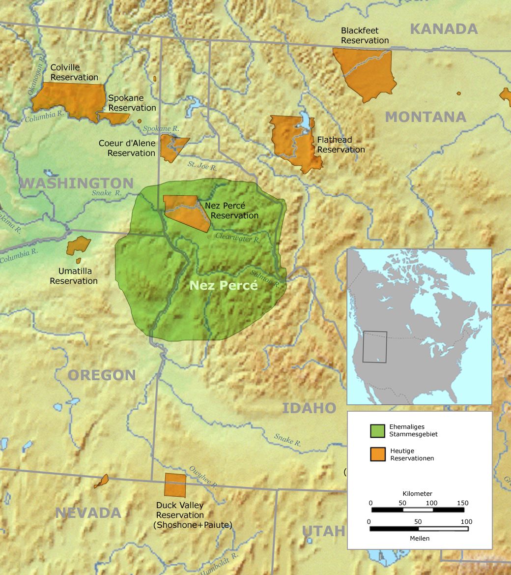 Original Nez Perce territory (green) and the reduced reservation of 1863 (brown)