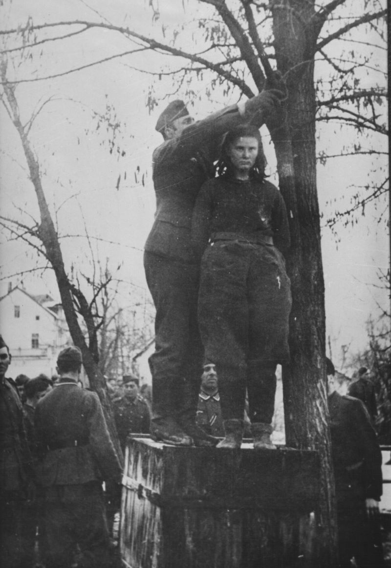 The harrowing moment as the noose is placed around Lepa Radić's neck, capturing the final act of defiance in her valiant fight for freedom.
