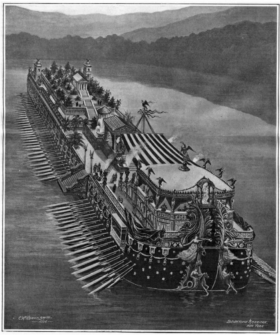 An artistic depiction of a palatial Nemi Ship of Caligula, by CM Knight-Smith (c. 1906