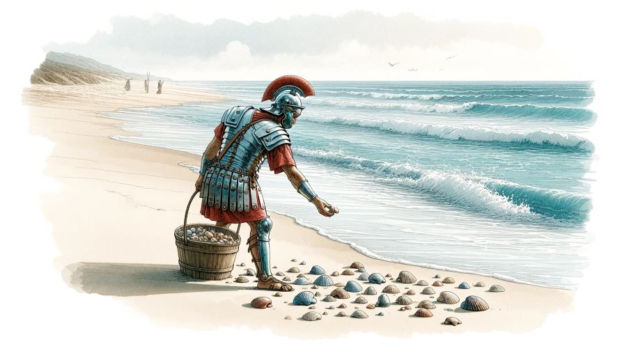 Artistic depiction of a Roman soldier collecting seashells on the shores of Gaul.