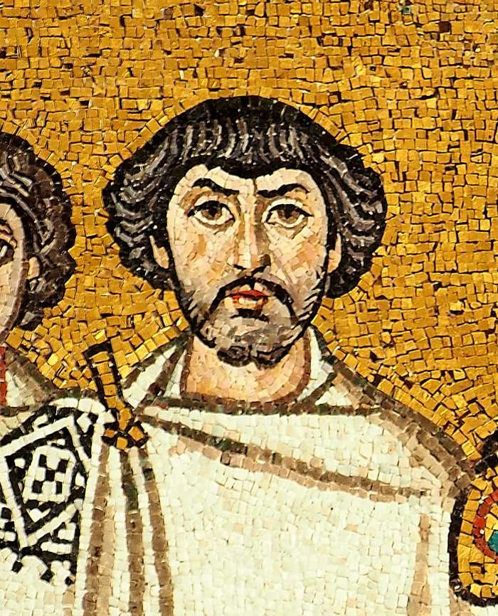 Belisarius may be this bearded figure on the right of Emperor Justinian I in the mosaic in the Church of San Vitale, Ravenna, which celebrates the reconquest of Italy by the Roman army.