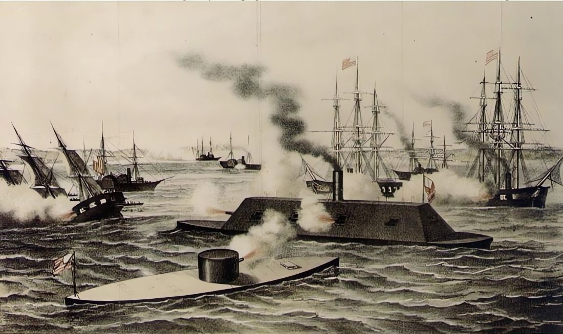 First Battle of Iron Ships of War by Henry Bill. Shown are USS Monitor, CSS Virginia, USS Cumberland, CSS Jamestown, USS Congress, and USS Minnesota