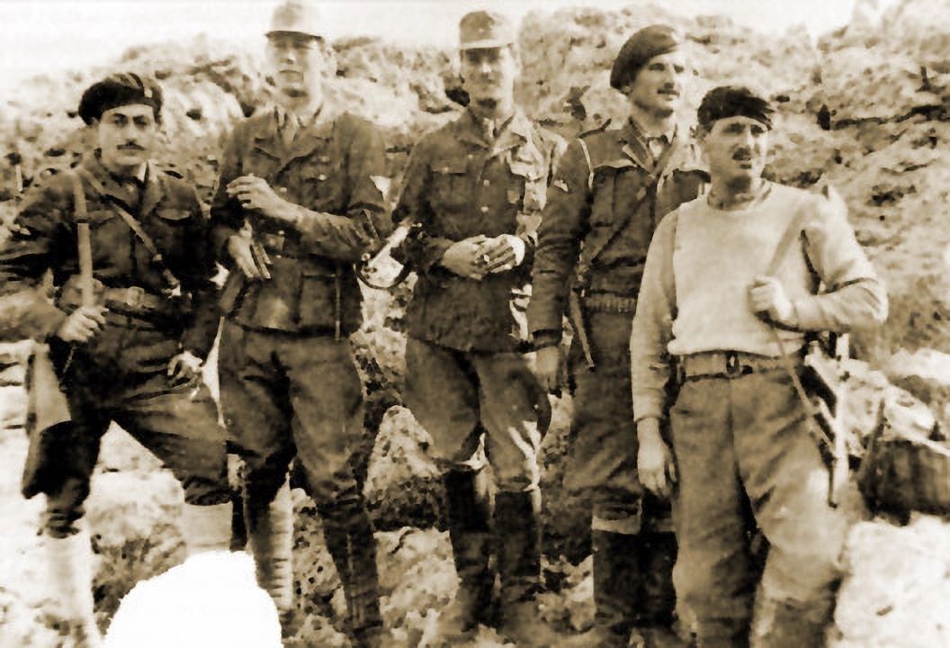 Members of the Kreipe abduction team (from l. to r.) Georgios Tyrakis, Moss, Leigh Fermor, Emmanouil Paterakis, and Antonios Papaleonidas. The two British officers are in German uniform.