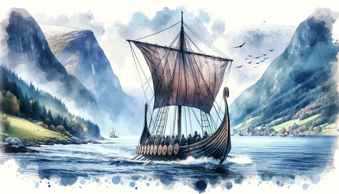 A 9th-century Viking ship sailing out of a Norwegian fjord