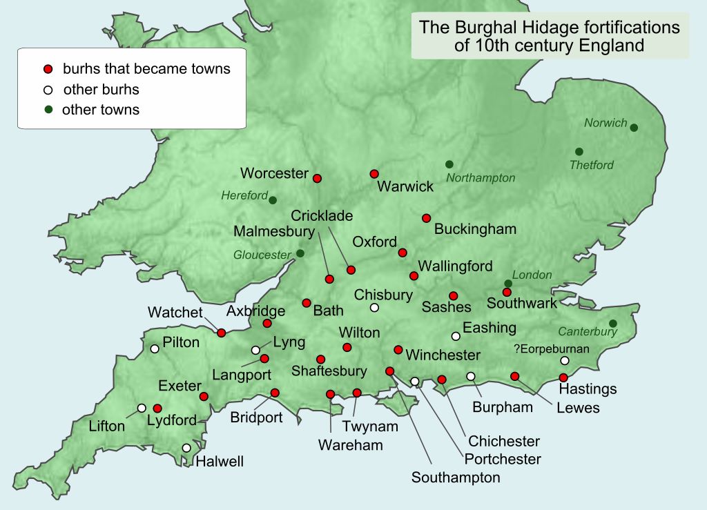 A map of burhs named in the Burghal Hidage