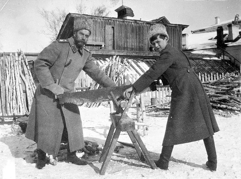 Nicholas and Alexei sawing wood at Tobolsk in late 1917; a favourite pastime