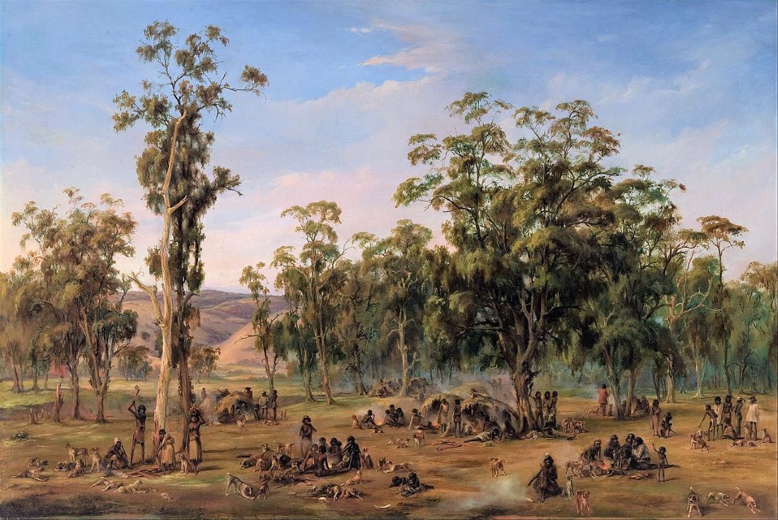 An Aboriginal encampment near the Adelaide foothills in an 1854 painting by Alexander Schramm