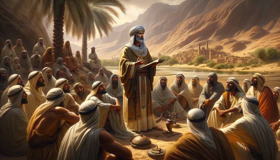 Artistic portrayal of Moses, the bishop of the Arabs, preaching to his followers in the desert.