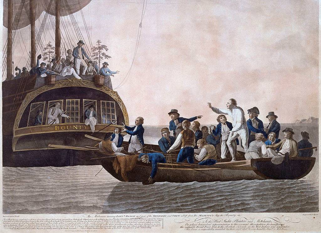 Fletcher Christian and the mutineers set Lieutenant William Bligh and 18 others adrift, depicted in a 1790 aquatint by Robert Dodd