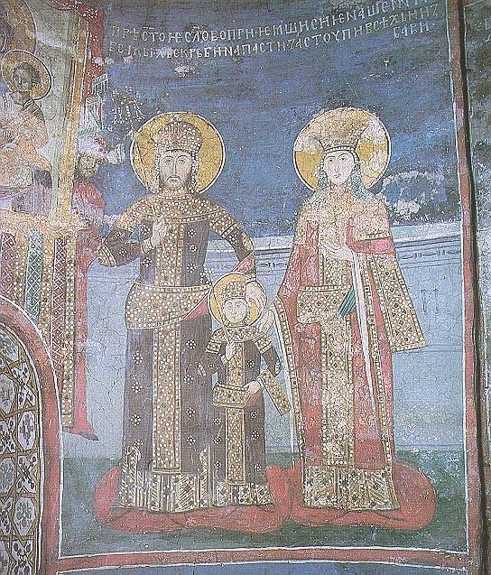 Fresco of Dušan, his wife Helena, and their son Uroš
