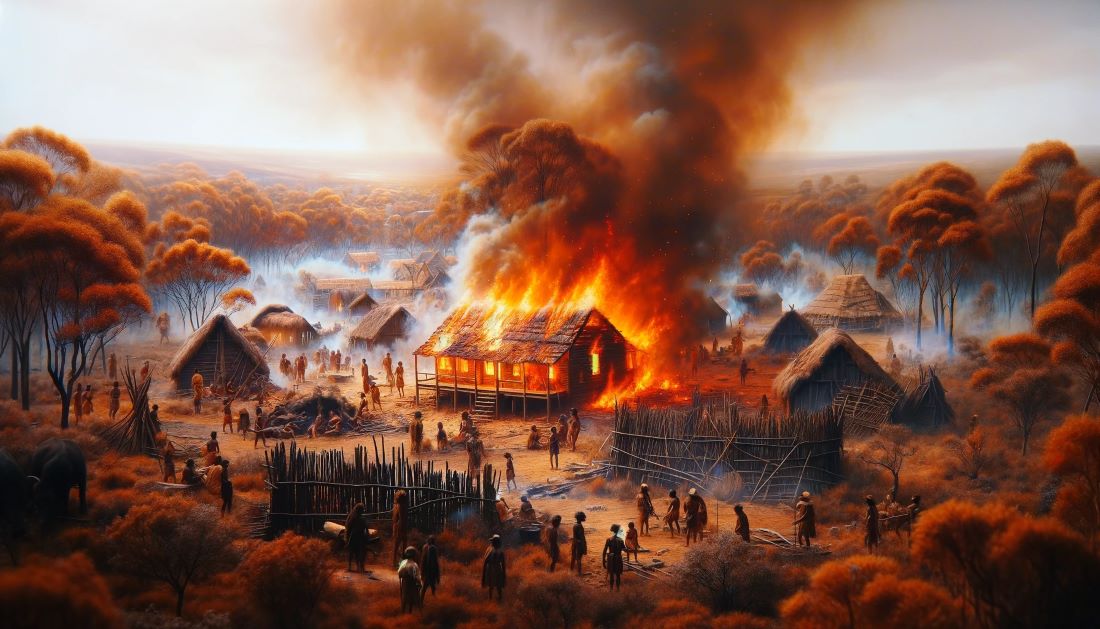 The image depicting an Aboriginal settlement in flames, as a representation of the aftermath of a conflict with European settlers during the Frontier Wars