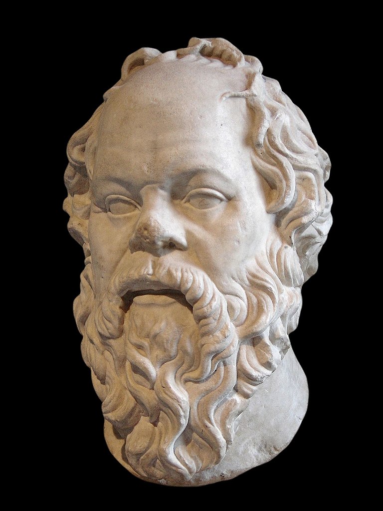 A marble head of Socrates in the Louvre (copy of bronze head by Lysippus)