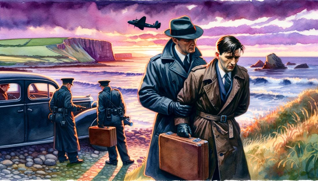 The scene depicts MI5 agents capturing a spy from Operation Lena on the British coastline.