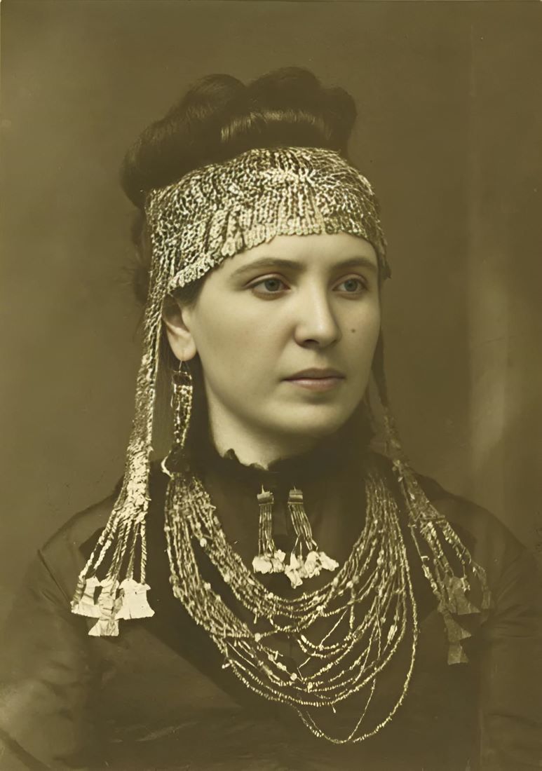 Sophia Schliemann (née Engastromenos) wearing treasures recovered at Hisarlik