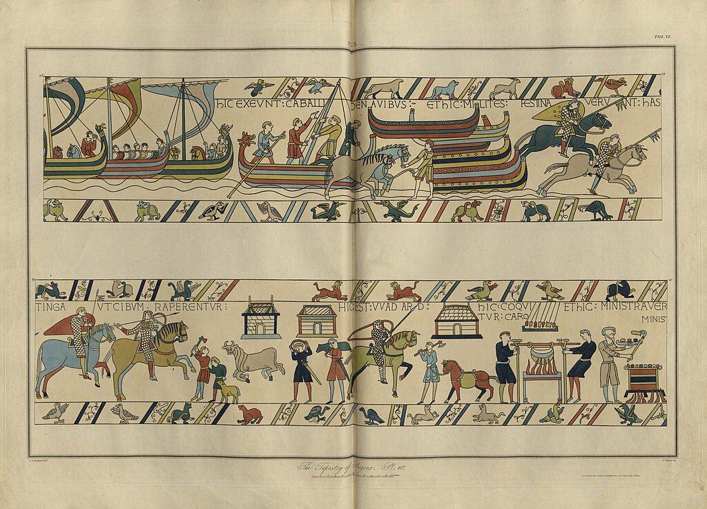 Bayeux Tapestry - Stothard - Basire engravings, scenes showing the Norman troops crossing the Channel and landing in Sussex