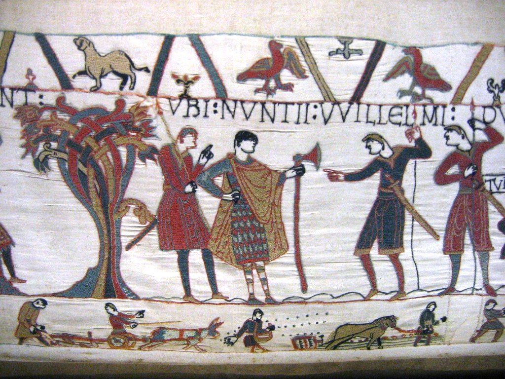 Bayeux Tapestry - The messengers with Guy I, Count of Ponthieu, with a portrayal of medieval agriculture in the border