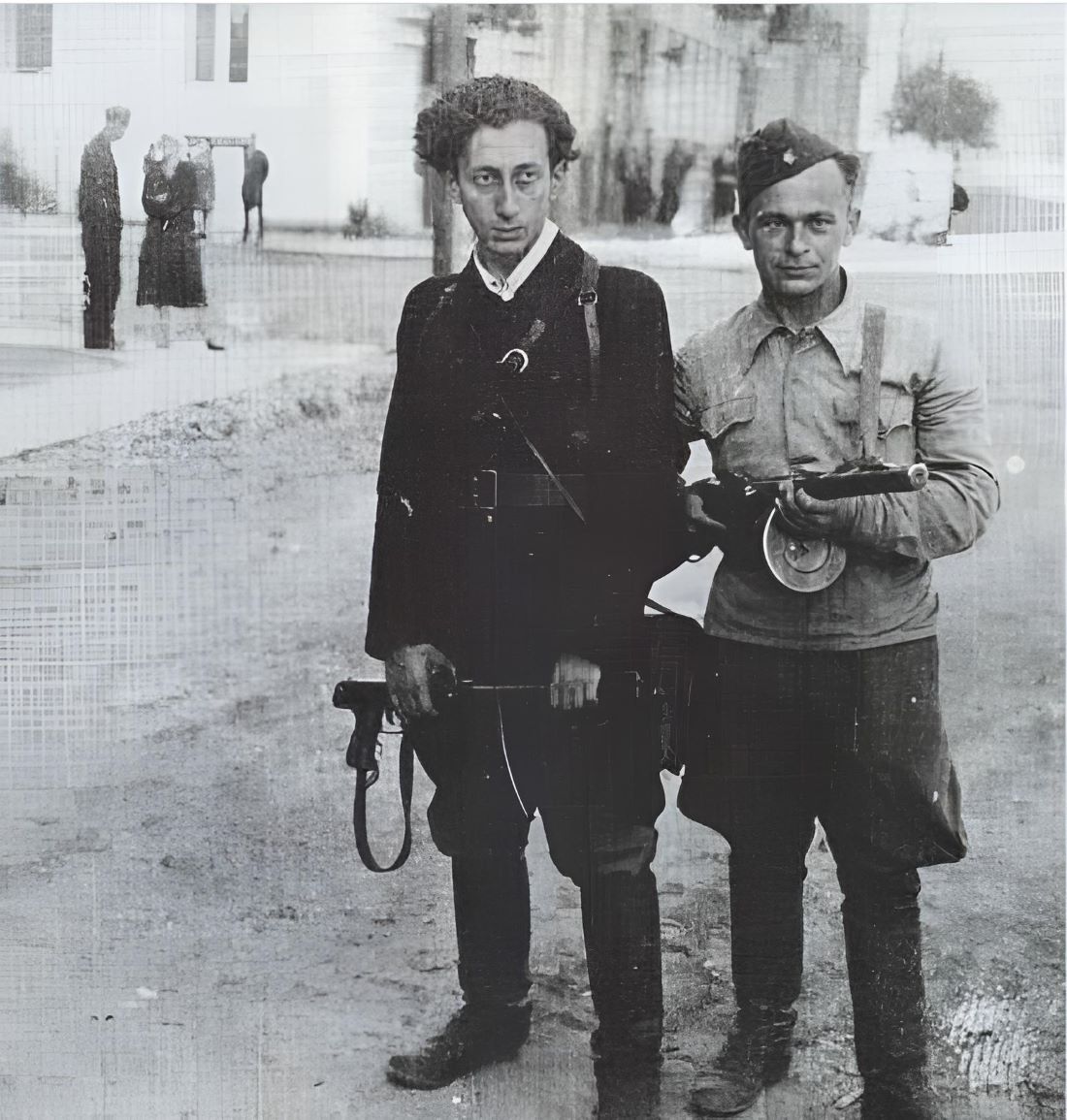 Abba Kovner with another resistance member in Vilna after the liberation in 1944.