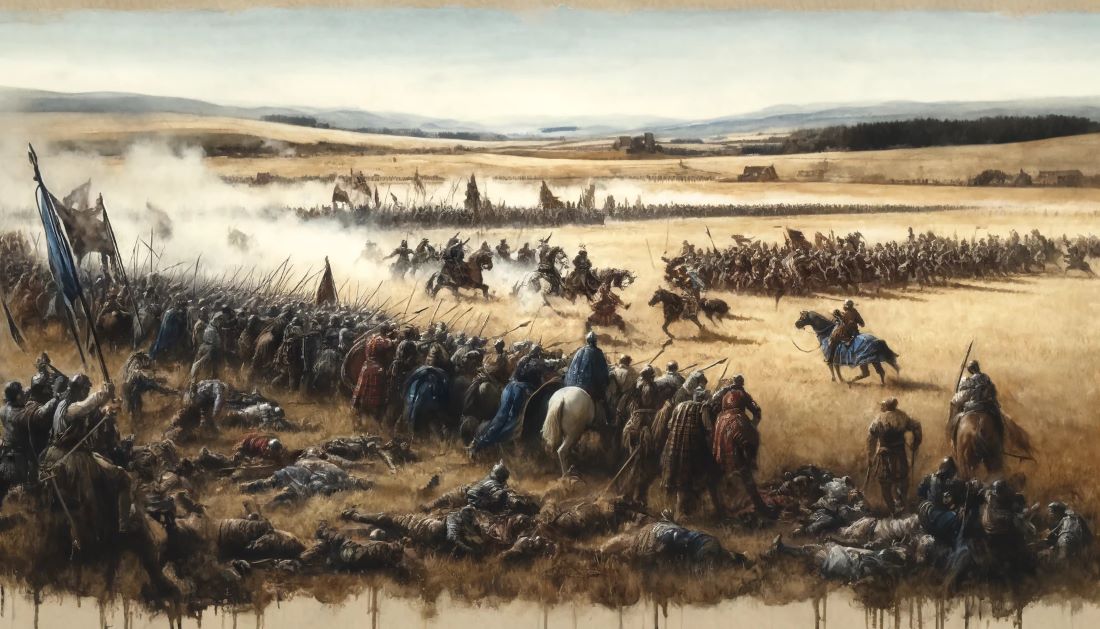 An artistic depiction of the Battle of Falkirk. The Battle of Falkirk took place on July 22nd, 1298, between the Scottish forces led by William Wallace and the English army under Edward I