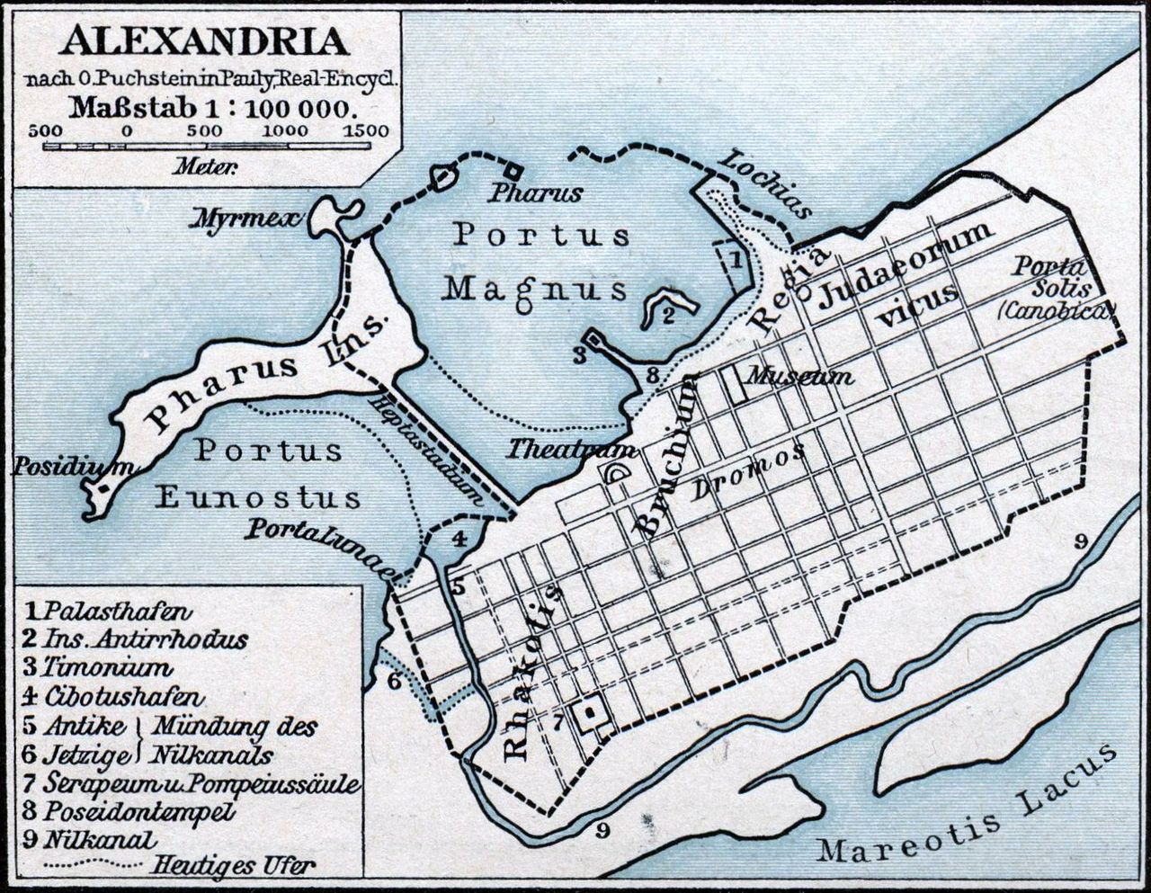 Map of ancient Alexandria. The Mouseion was located in the royal Broucheion quarter (listed on this map as Bruchium) in the central part of the city near the Great Harbor (Portus Magnus on the map)