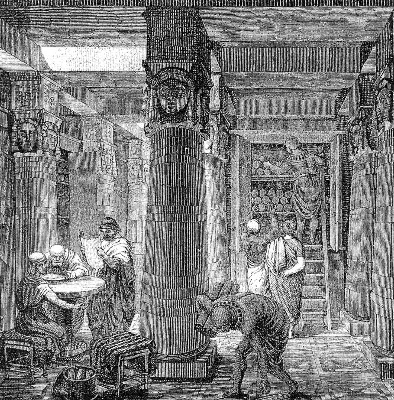 Nineteenth-century artistic rendering of the Library of Alexandria by the German artist O. Von Corven, based partially on the archaeological evidence available at that time