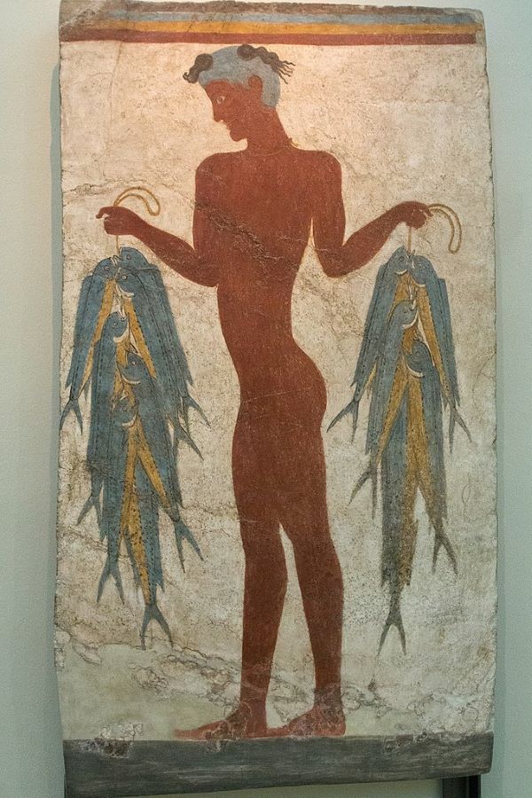 The Fisherman Fresco from Akrotiri on island of Thera (Santorini). The male may actually be a youth offering fish as part of a religious ceremony rather than a fisherman