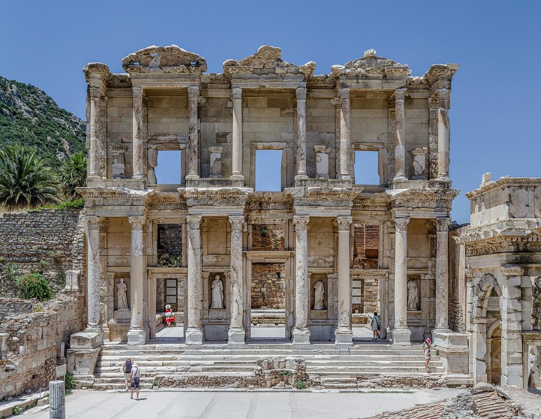 The Library of Celsus in Ephesus, Turkey, was a grand Roman building that housed around 12,000 scrolls. Built as a tomb for a Roman official, it became one of the largest libraries of the ancient world, though the interior was destroyed by fire in the 3rd century AD.