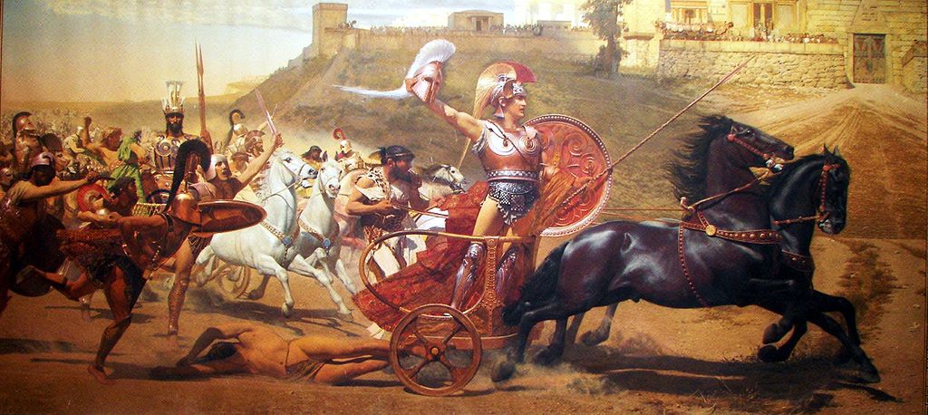 Trojan War - Triumphant Achilles dragging Hector's body around Troy, from a panoramic fresco of the Achilleion.