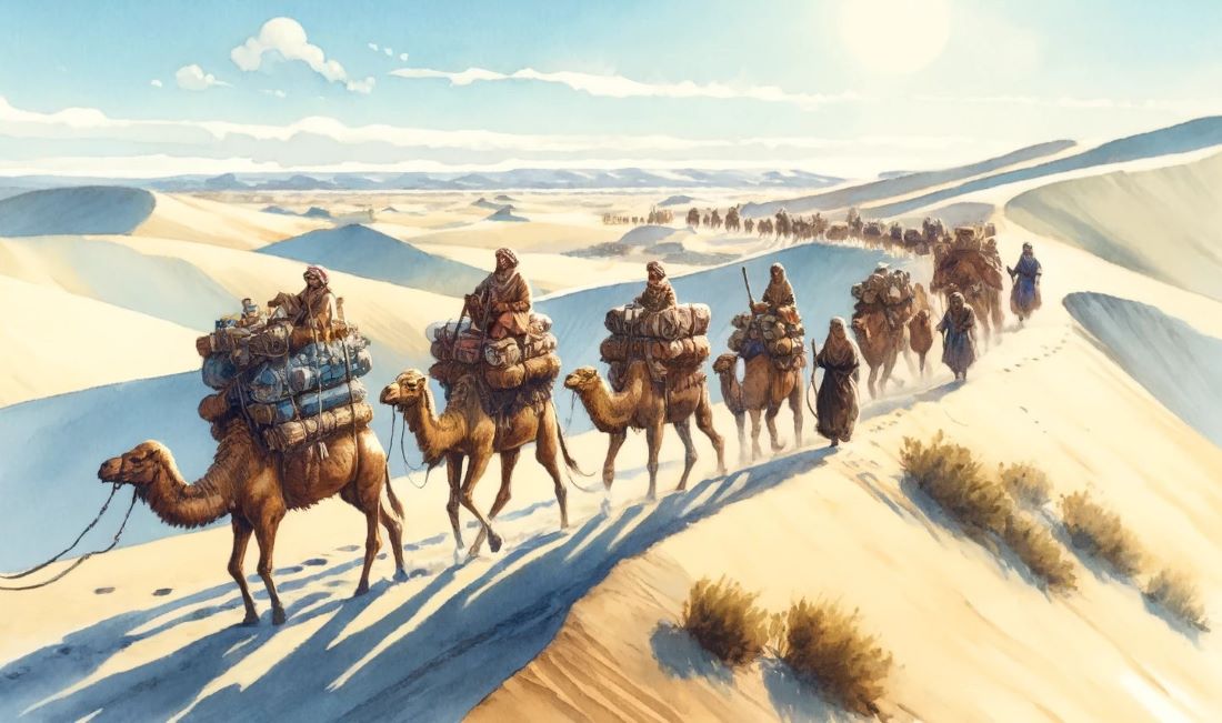 Artistic depiction of a trading caravan moving through the Sahara on its way to Kumbi-Saleh, the capital of the Ghana Empire.