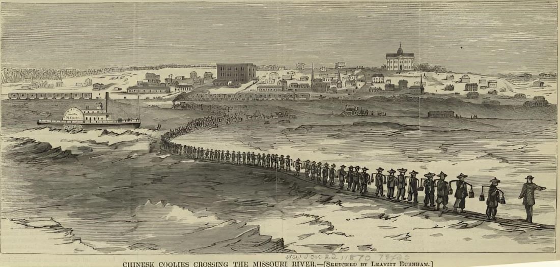 Chinese Coolies Crossing the Missouri River, an engraving made in 1870 by Leavitt Burnham