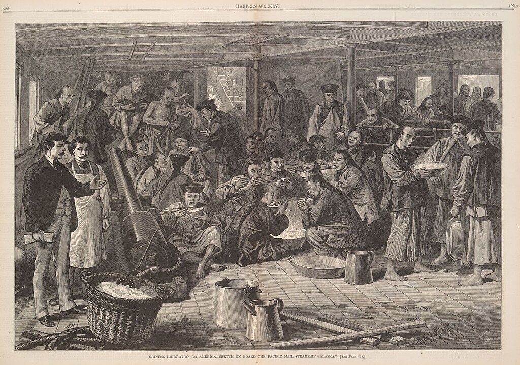 Chinese emigration to America - sketch on board the steam-ship Alaska, bound for San Francisco. From Views of Chinese published in The Graphic and Harper's Weekly. April 29, 1876