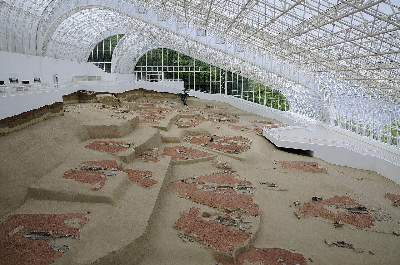 The archaeological site of Lepenski Vir in Serbia is now preserved under a glass roof.