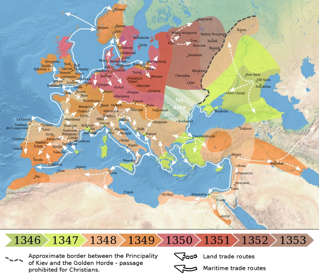 The spread of the Black Death in Europe, North Africa and the Near East (1346–1353)