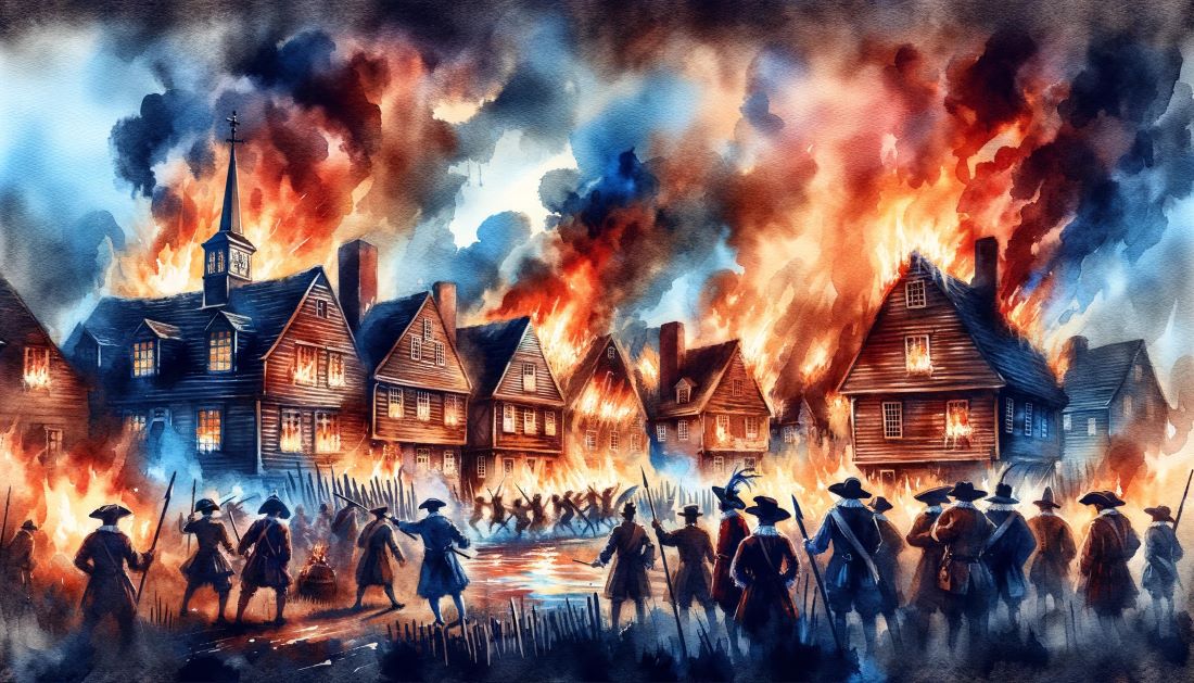 The burning of Jamestown during Bacon's Rebellion in 1676, a pivotal moment in American colonial history.