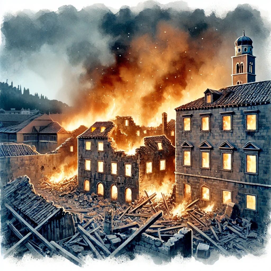 An artistic depiction of the fire ravaging Dubrovnik after the earthquake of 1667.